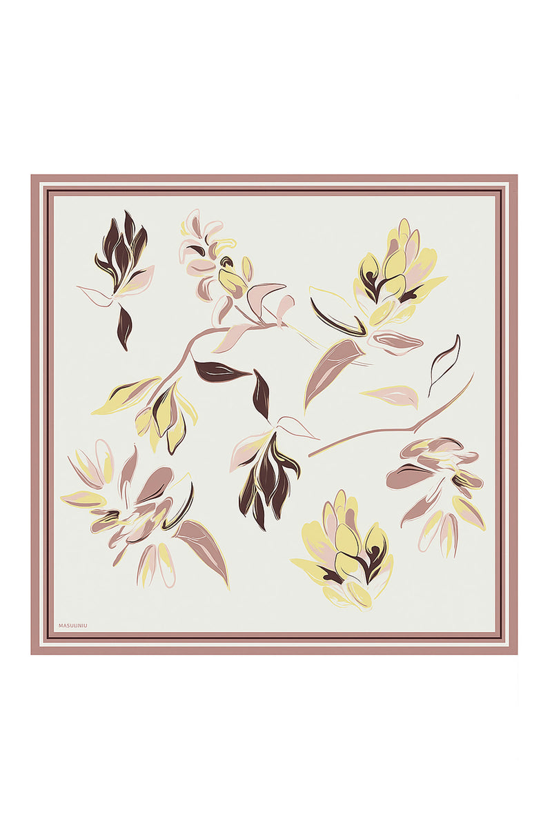 Ecru Pink Floral Patterned Silk Scarf