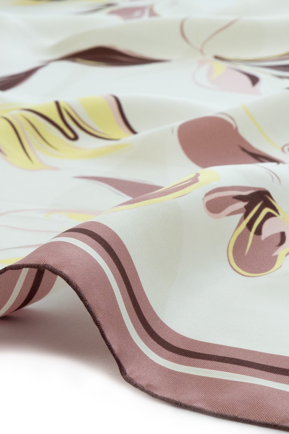 Ecru Pink Floral Patterned Silk Scarf