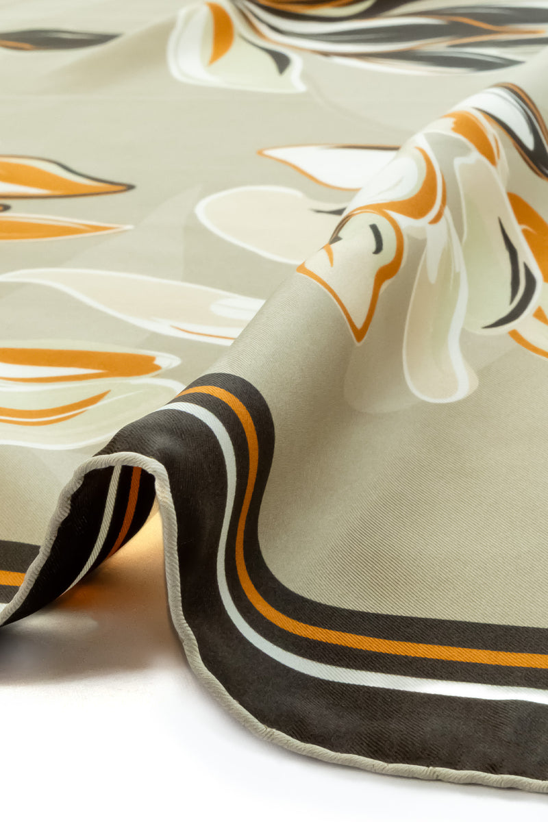 Stone Brown Floral Patterned Silk Scarf