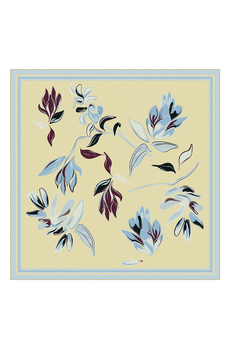 Light Blue Ecru Floral Patterned Silk Scarf