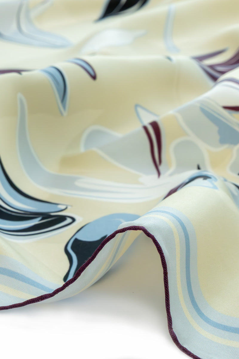 Light Blue Ecru Floral Patterned Silk Scarf