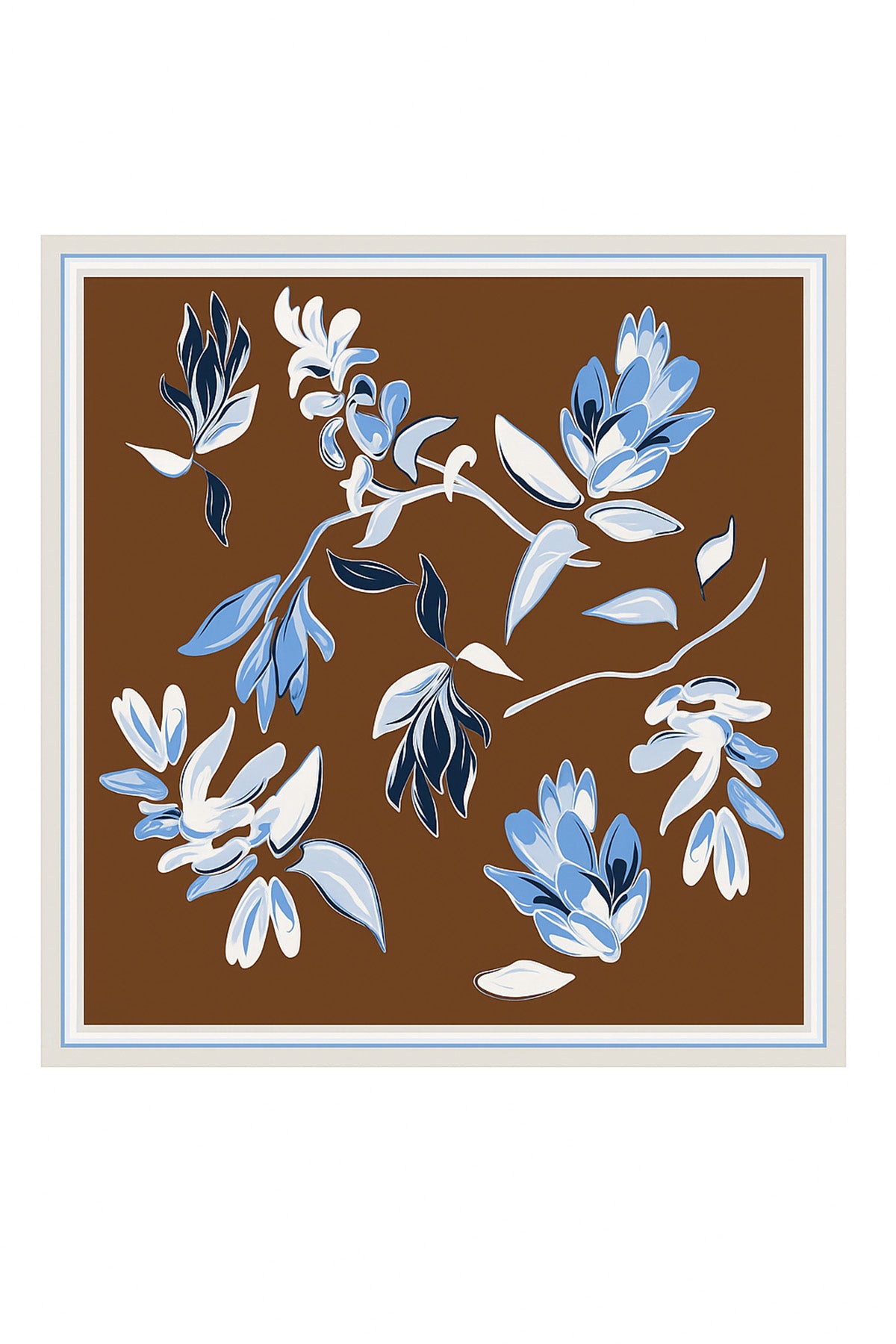Light Blue Brown Floral Patterned Silk Scarf