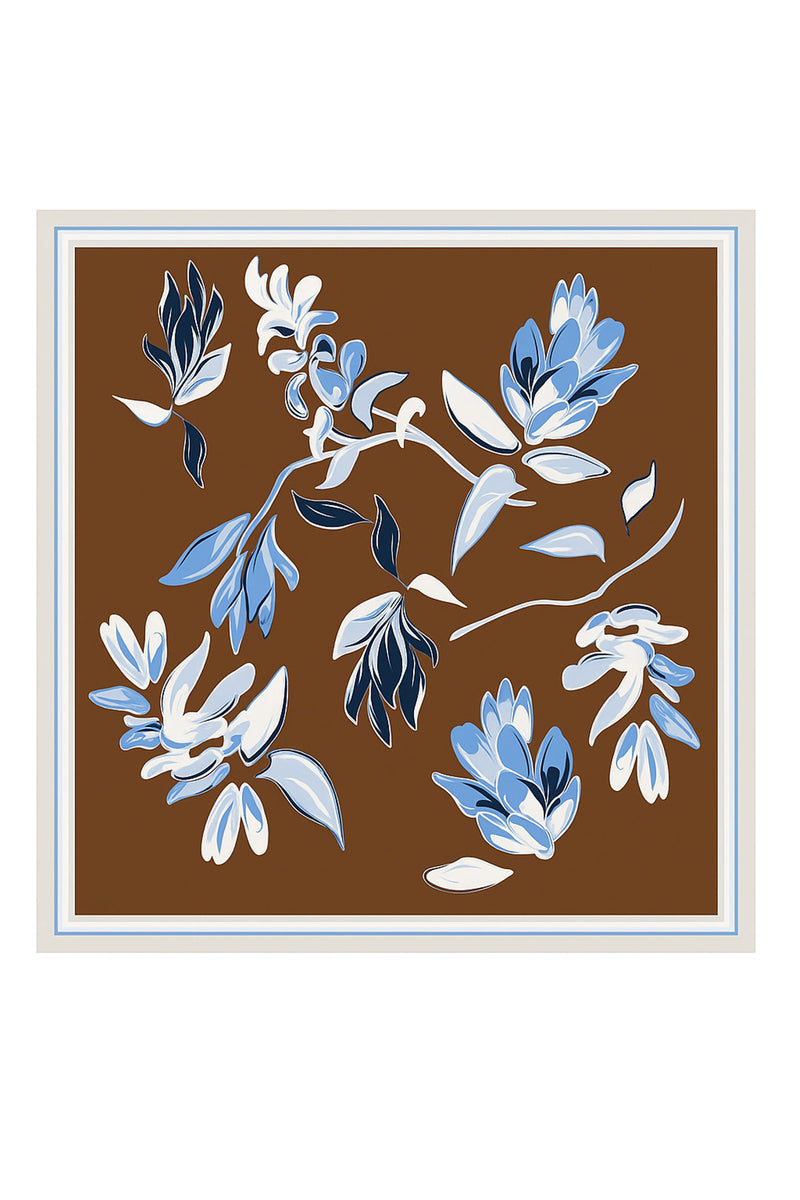 Light Blue Brown Floral Patterned Silk Scarf