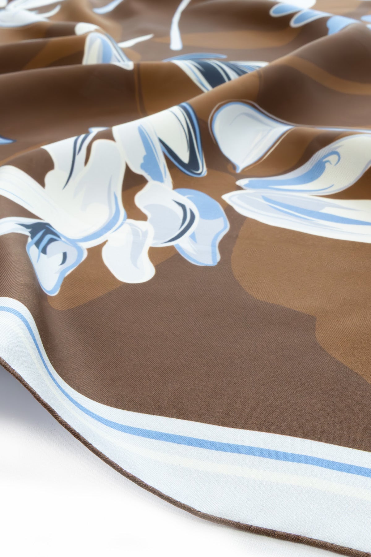 Light Blue Brown Floral Patterned Silk Scarf