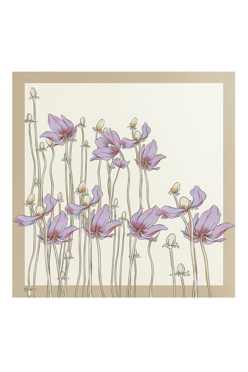 Camel Ecru Floral Patterned Silk Scarf