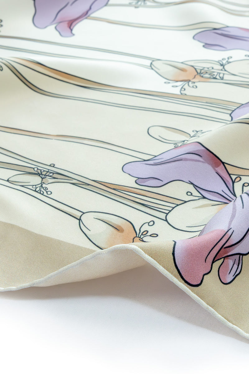 Camel Ecru Floral Patterned Silk Scarf