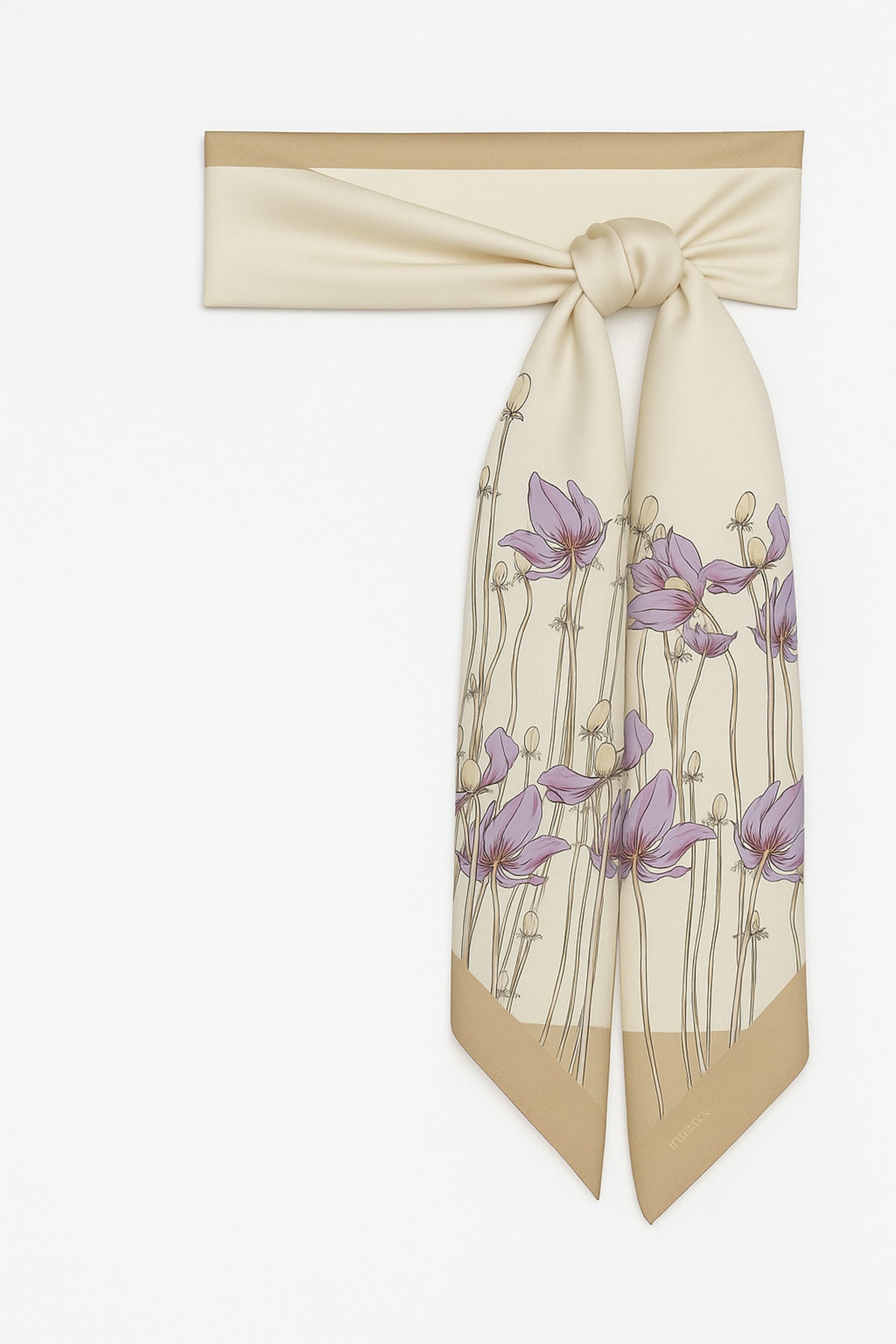 Camel Ecru Floral Patterned Silk Scarf