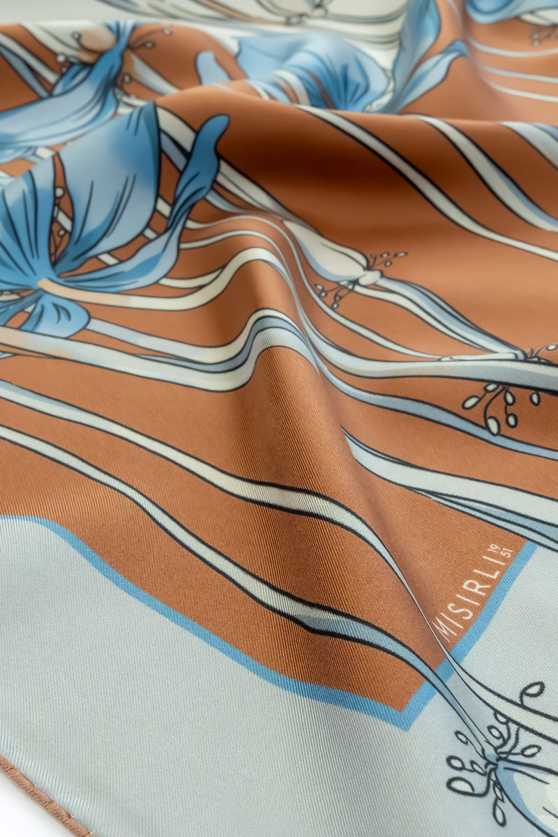 Brick Ecru Floral Patterned Silk Scarf