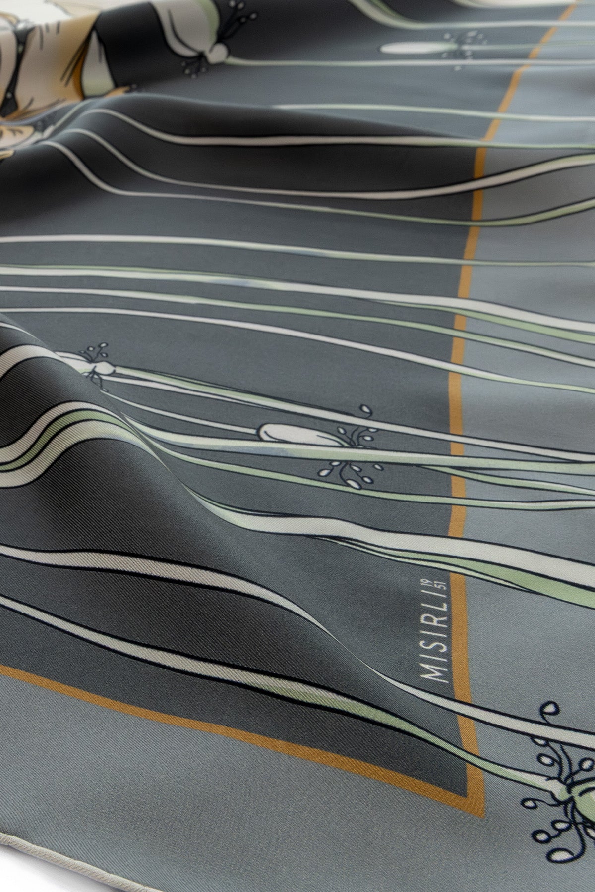 Anthracite Ecru Floral Patterned Silk Scarf