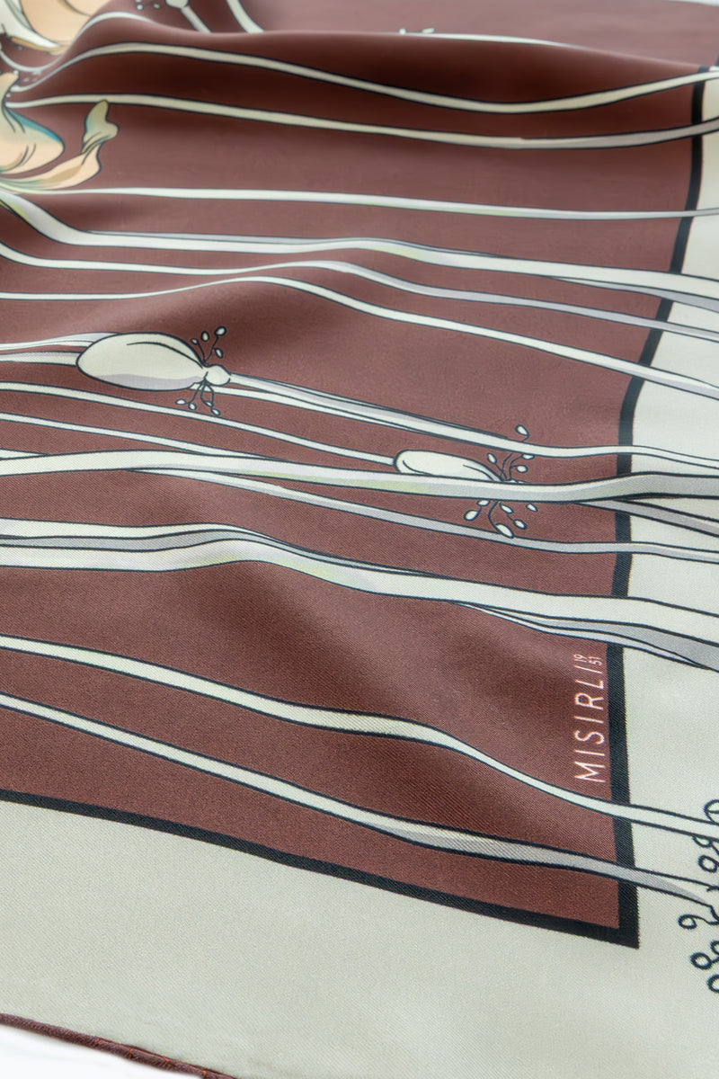 Plum Ecru Floral Patterned Silk Scarf