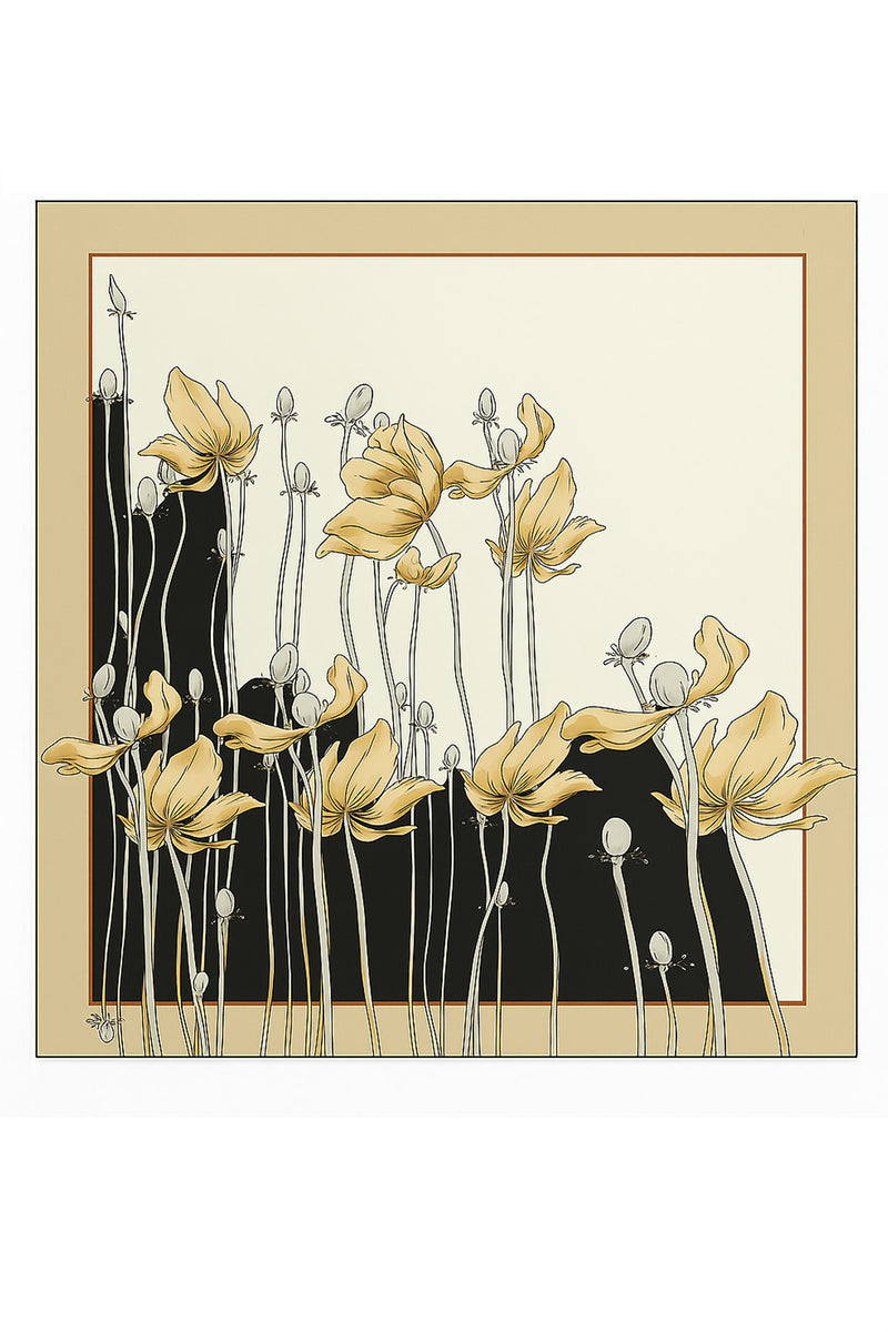 Black Ecru Floral Patterned Silk Scarf