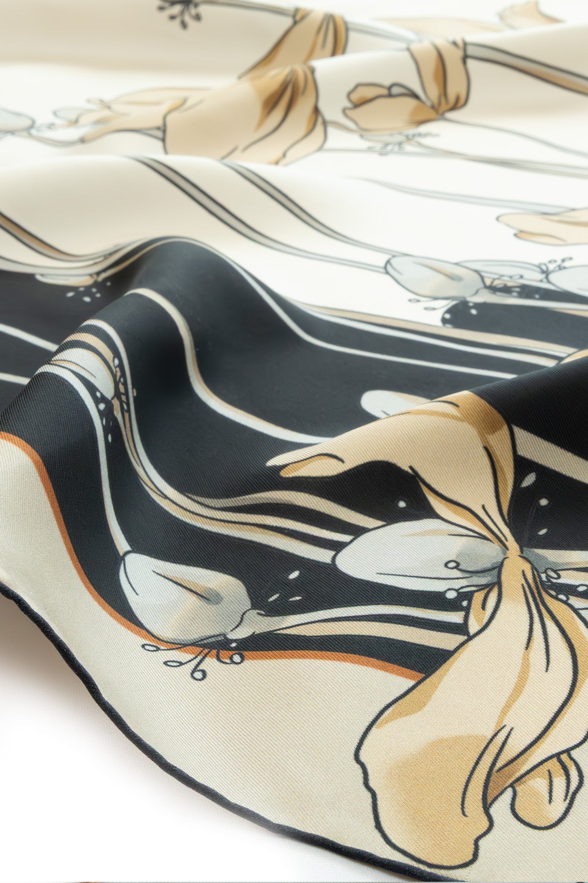 Black Ecru Floral Patterned Silk Scarf