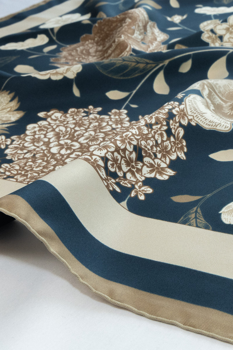 Petrol Amber Flower Garden Silk Scarf