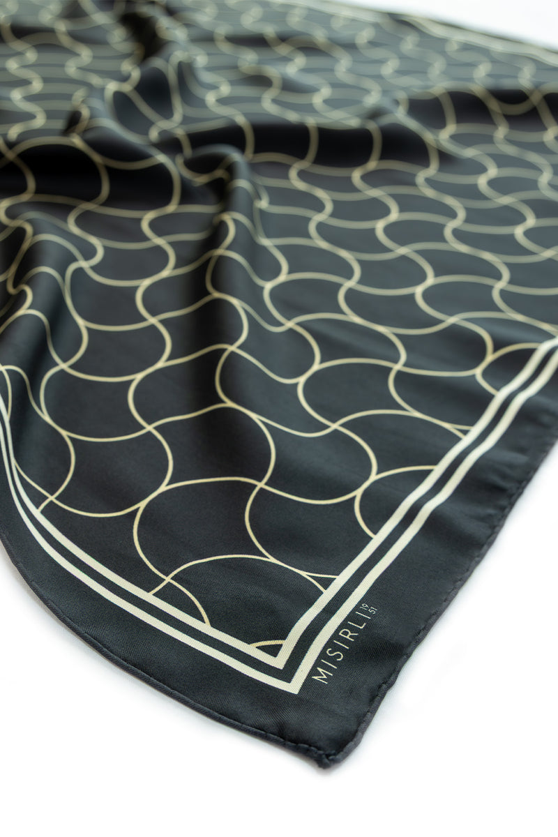 Black Wave Patterned Silk Scarf