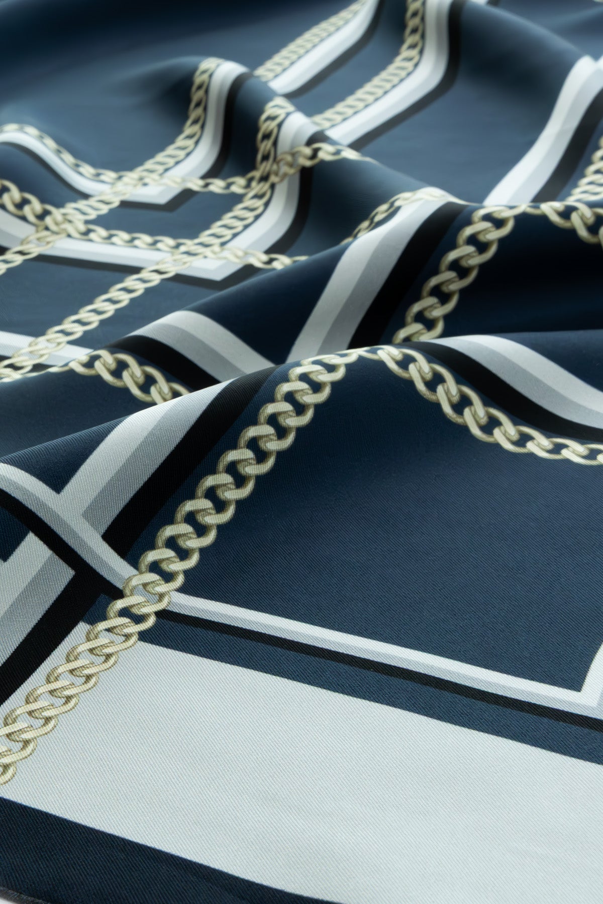 Navy Blue Chain Patterned Silk Scarf