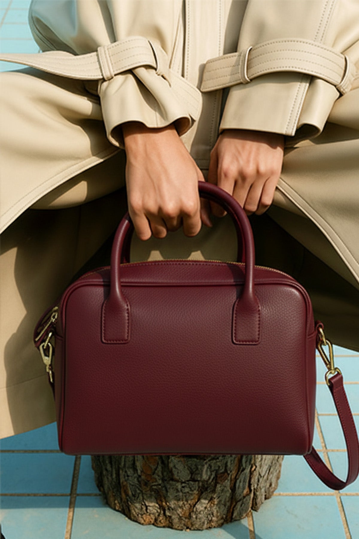 Burgundy Double Handle Handbag and Shoulder Bag