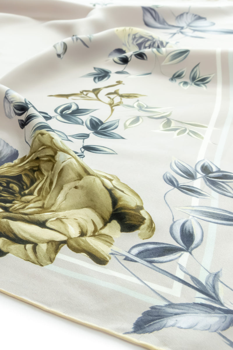 Light Gray Rose Patterned Silk Scarf