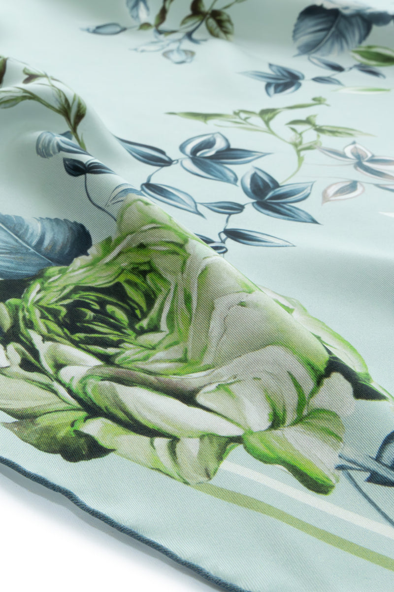 Emerald Green Rose Patterned Silk Scarf