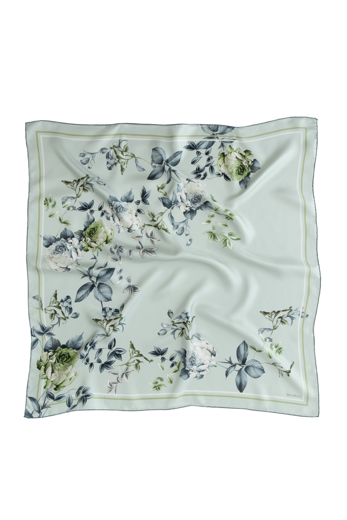Emerald Green Rose Patterned Silk Scarf