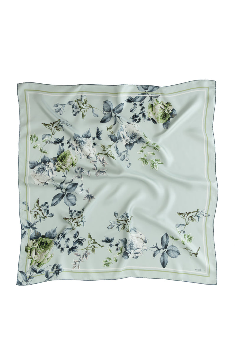 Emerald Green Rose Patterned Silk Scarf
