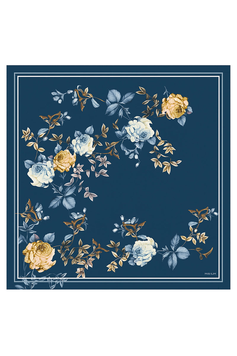 Navy Blue Rose Patterned Silk Scarf