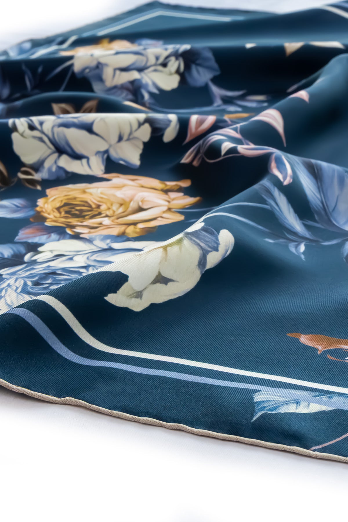 Navy Blue Rose Patterned Silk Scarf