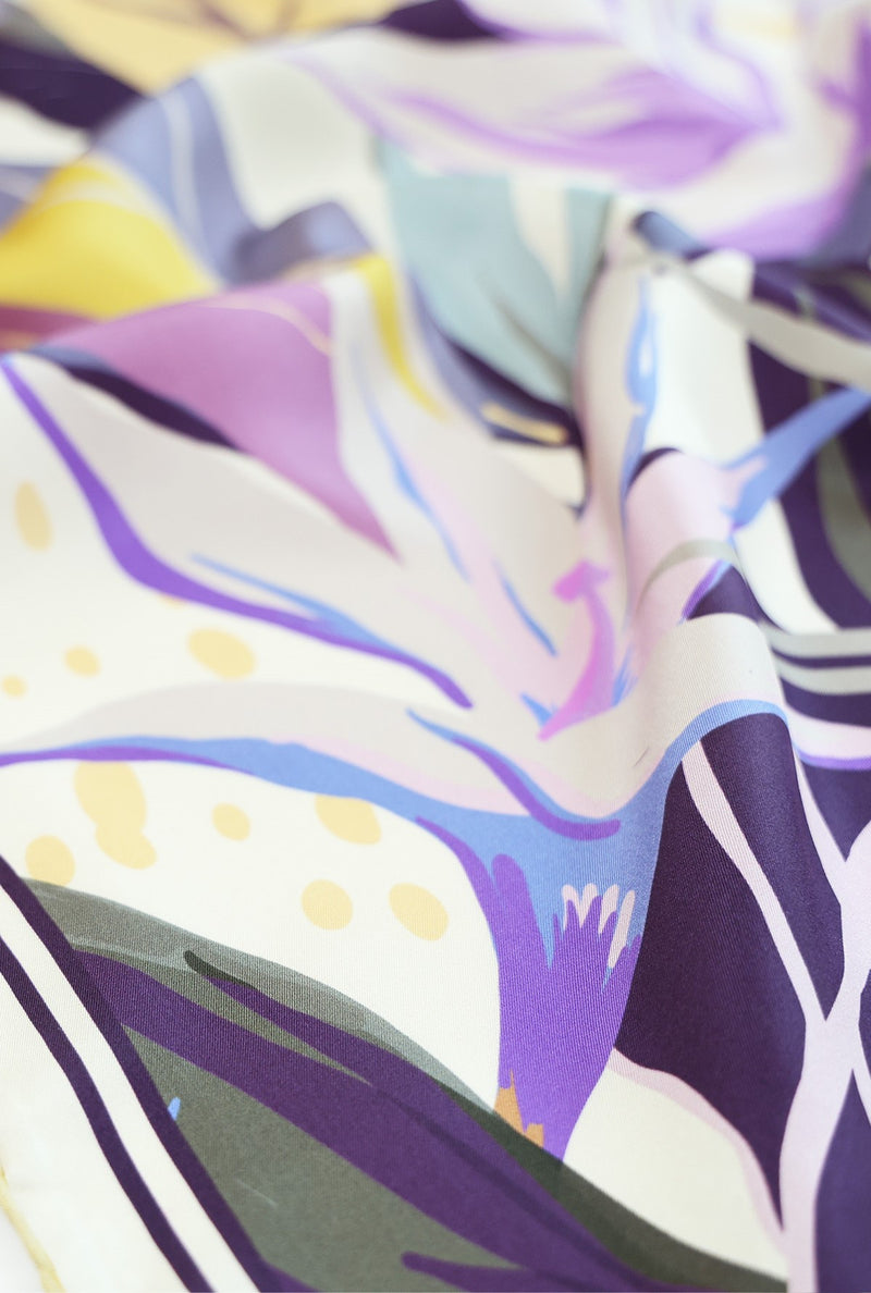 Purple Lilac Botanical Pattern Silk Scarf