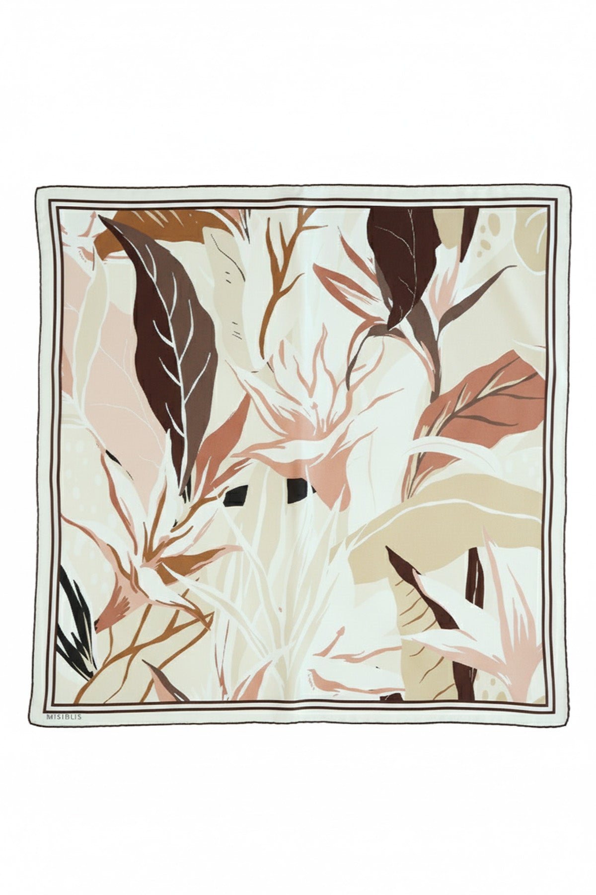 Beige Light Brown Botanical Pattern Silk Scarf