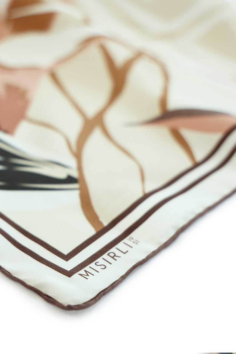 Beige Light Brown Botanical Pattern Silk Scarf