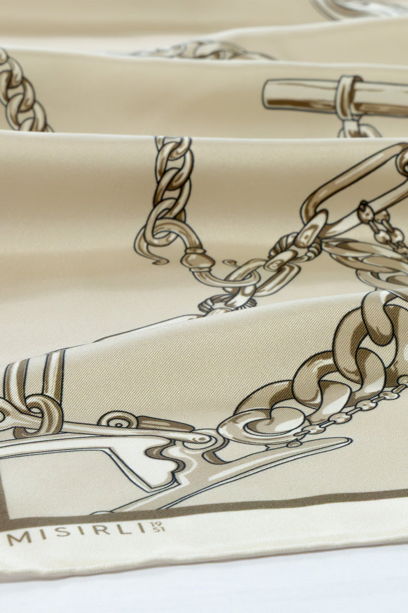 Beige Light Brown Chain Motif Silk Shawl