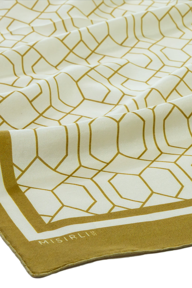 Mustard Ecru Geometric Patterned Silk Shawl