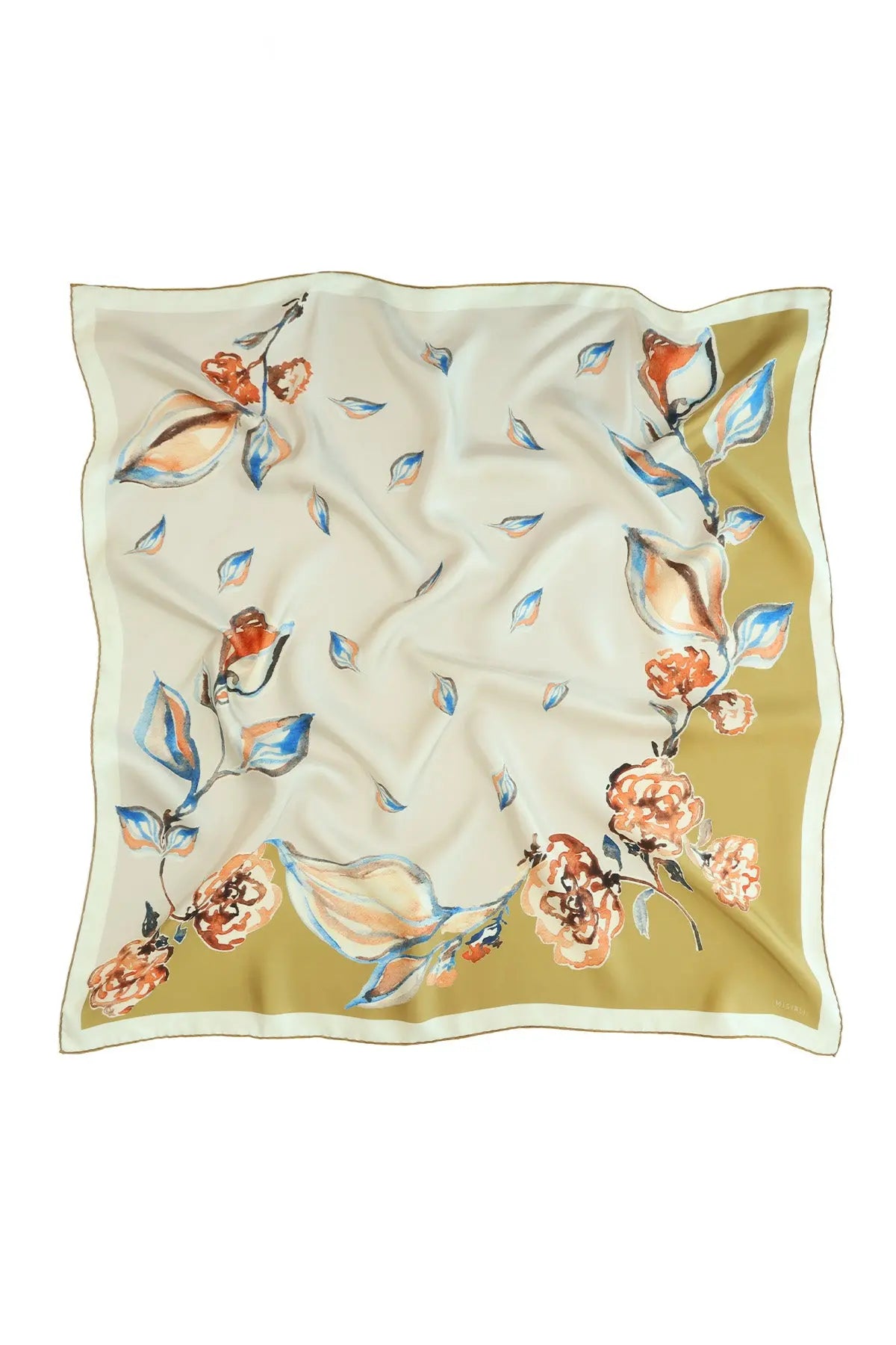 Ecru Mustard Leaf Pattern Silk Scarf Triko Mısırlı