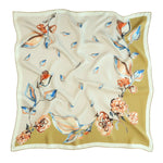 Ecru Mustard Leaf Pattern Silk Scarf Triko Mısırlı