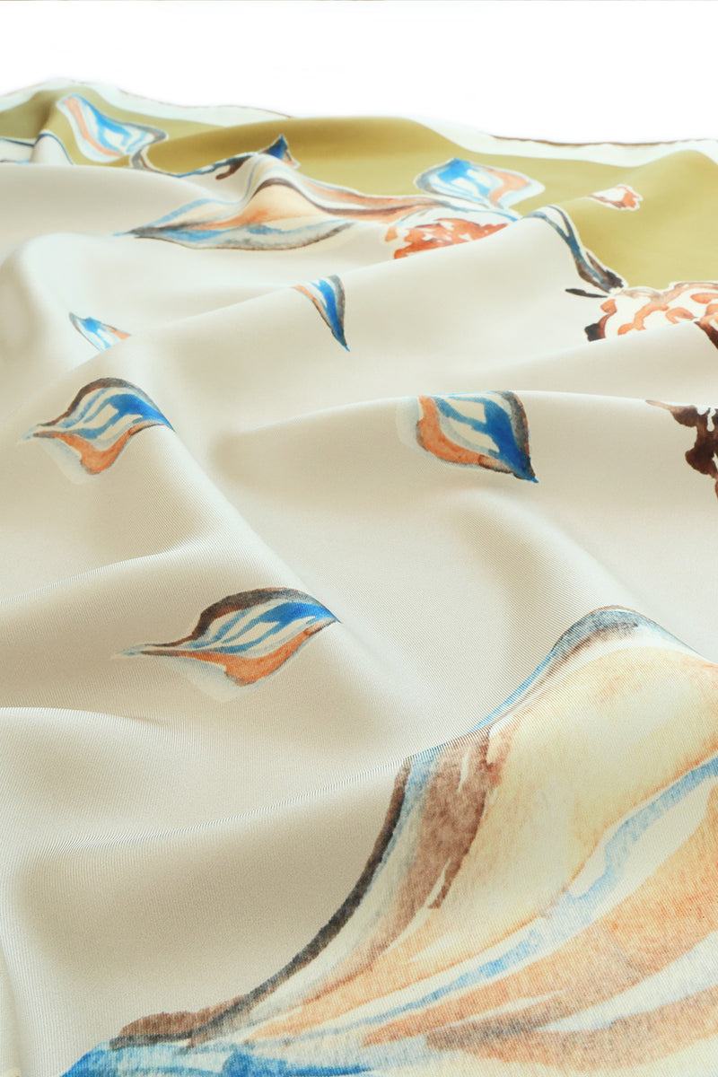 Ecru Mustard Leaf Pattern Silk Scarf