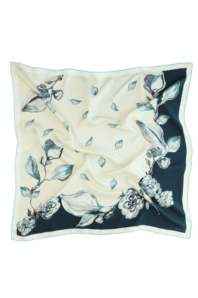 Stone Blue Leaf Pattern Silk Scarf