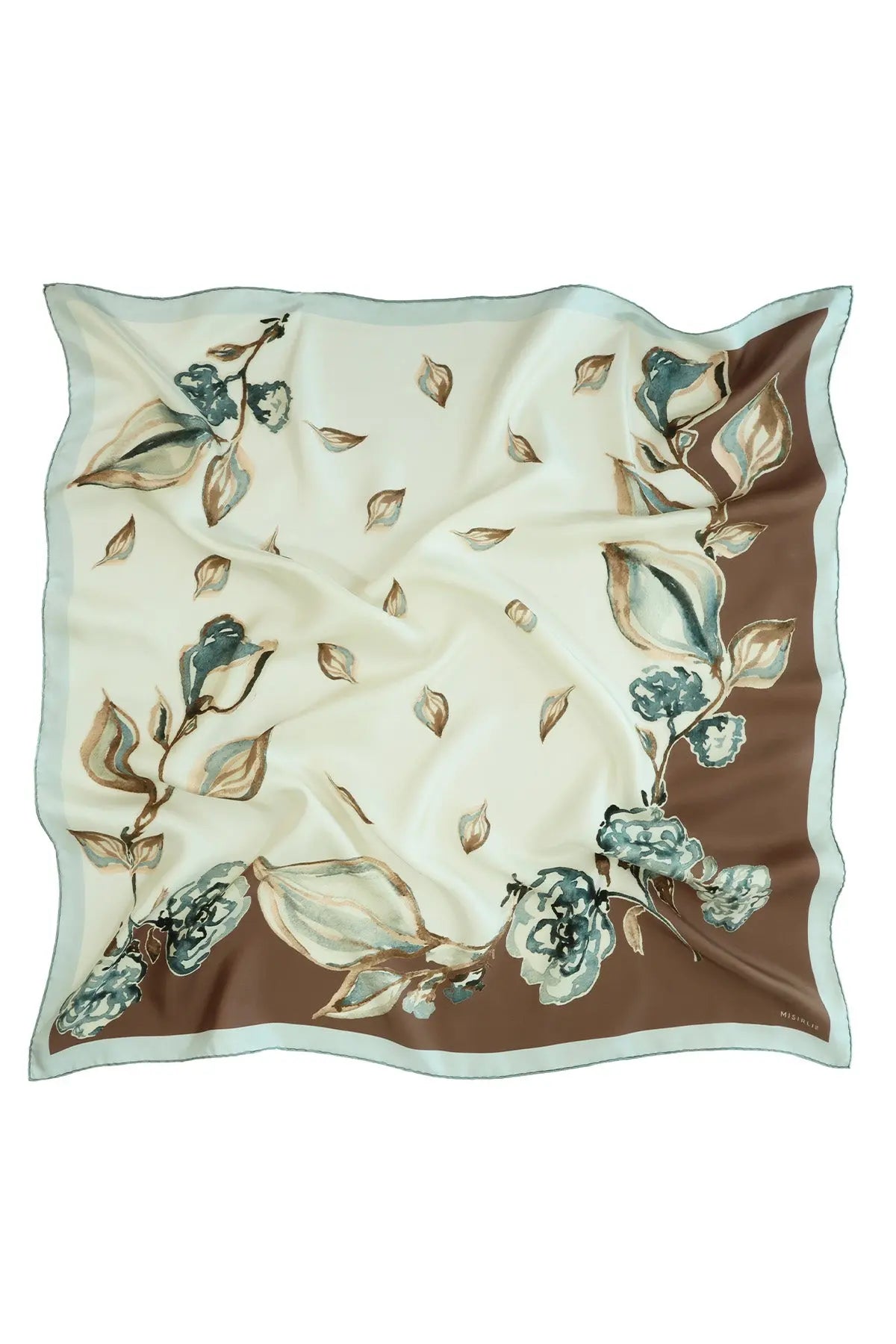Ecru Brown Leaf Pattern Silk Scarf Triko Mısırlı