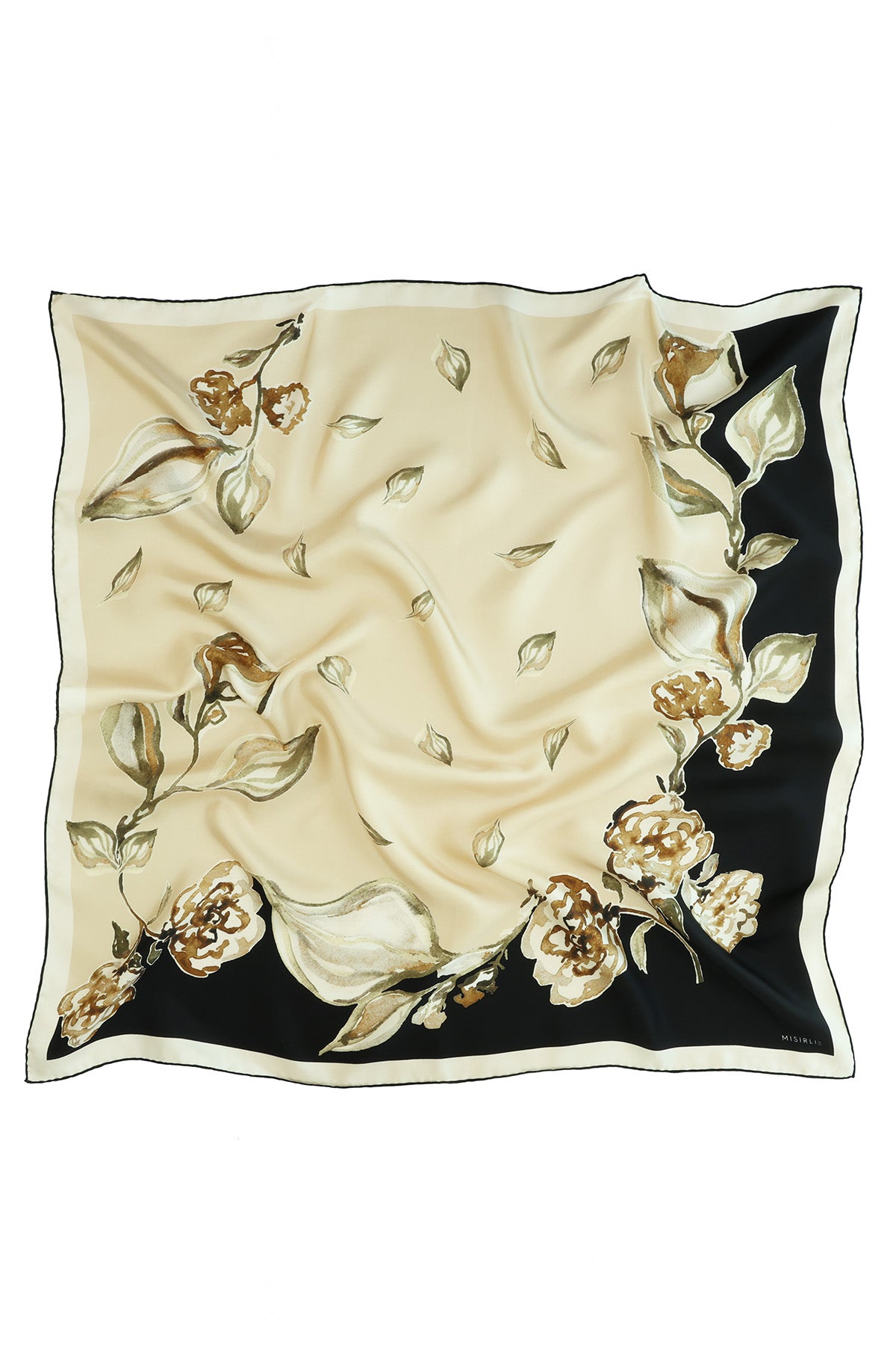 Open Camel Black Leaf Patterned Silk Scarf