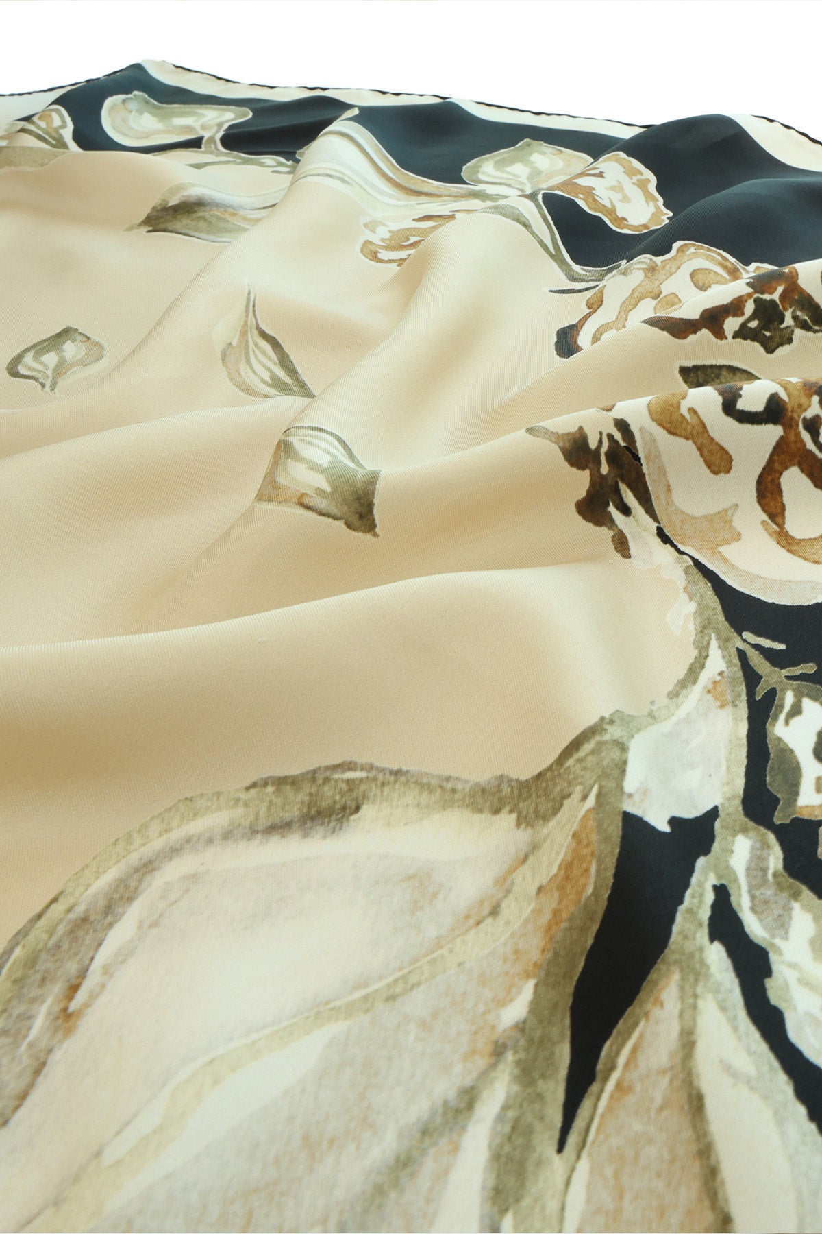 Open Camel Black Leaf Patterned Silk Scarf
