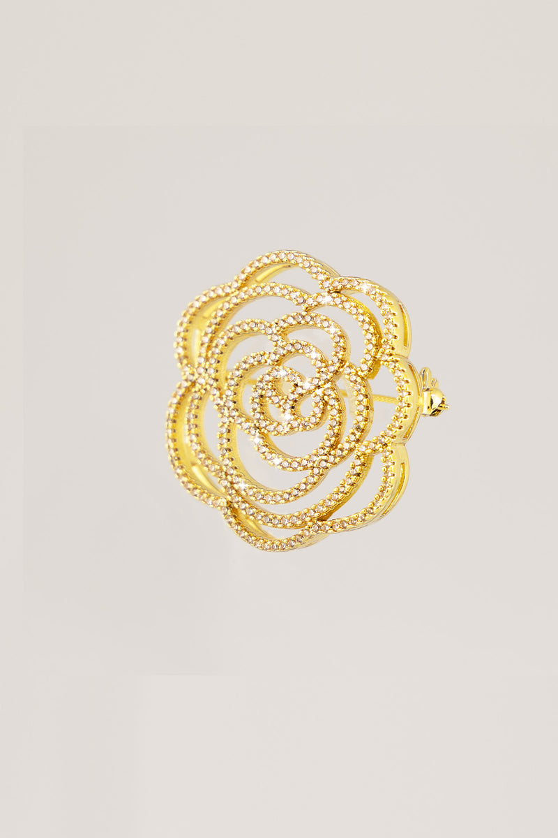 Gold Stone Embroidered Rose Brooch