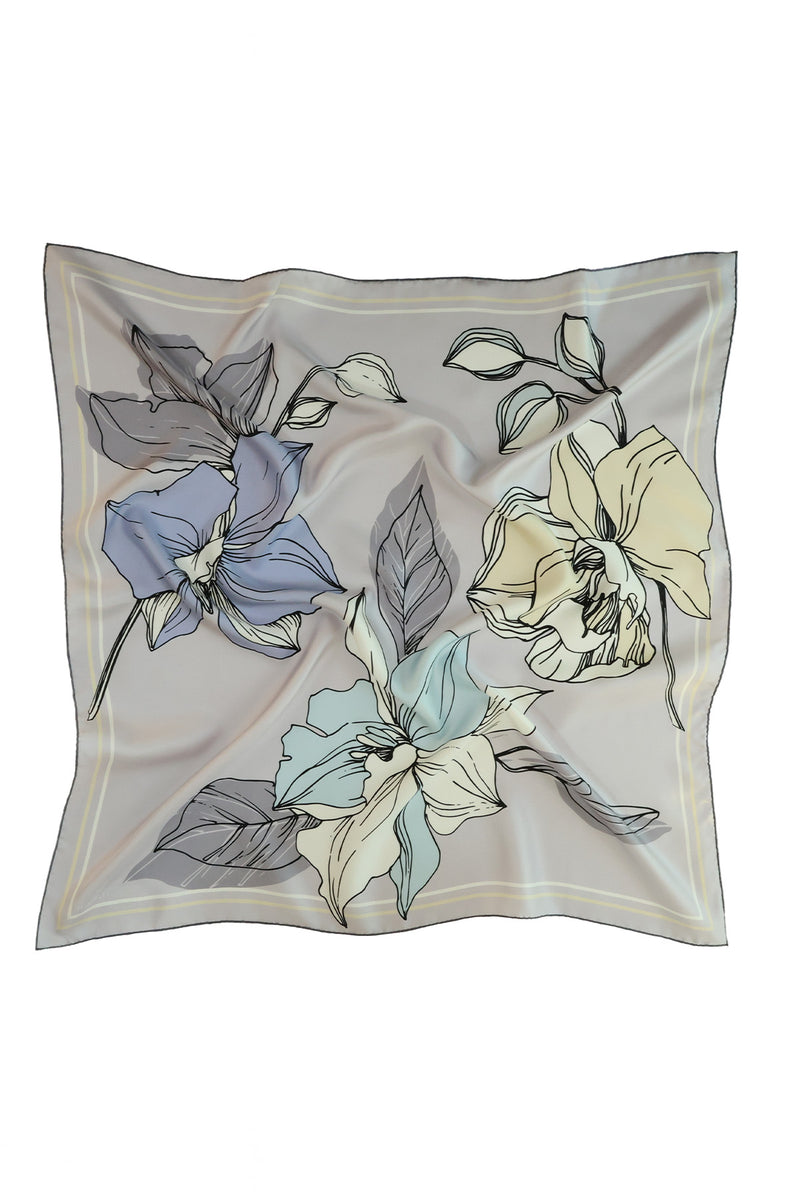 Light Gray Large Floral Print Silk Scarf