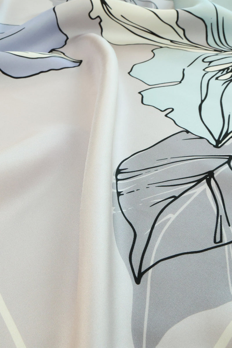 Light Gray Large Floral Print Silk Scarf