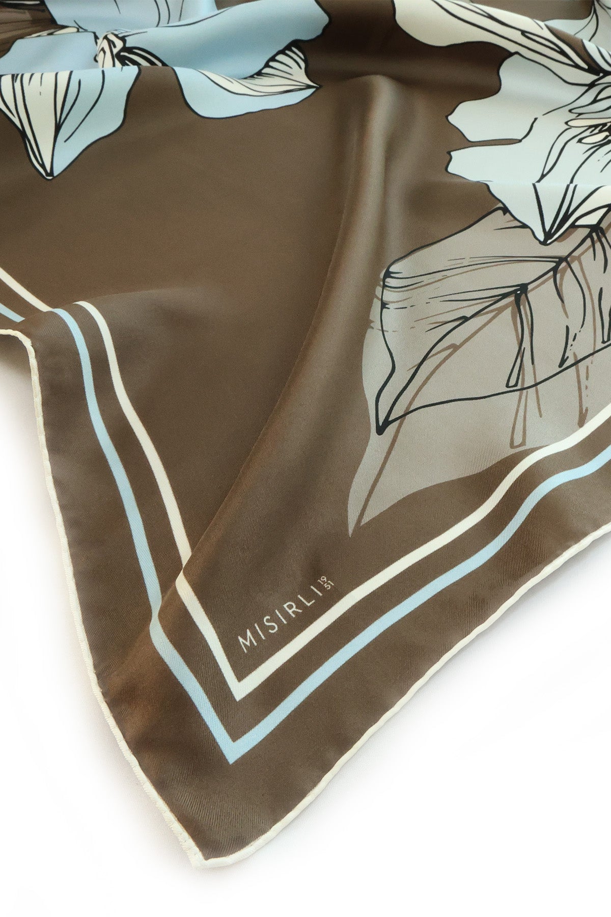 Brown Large Floral Print Silk Scarf