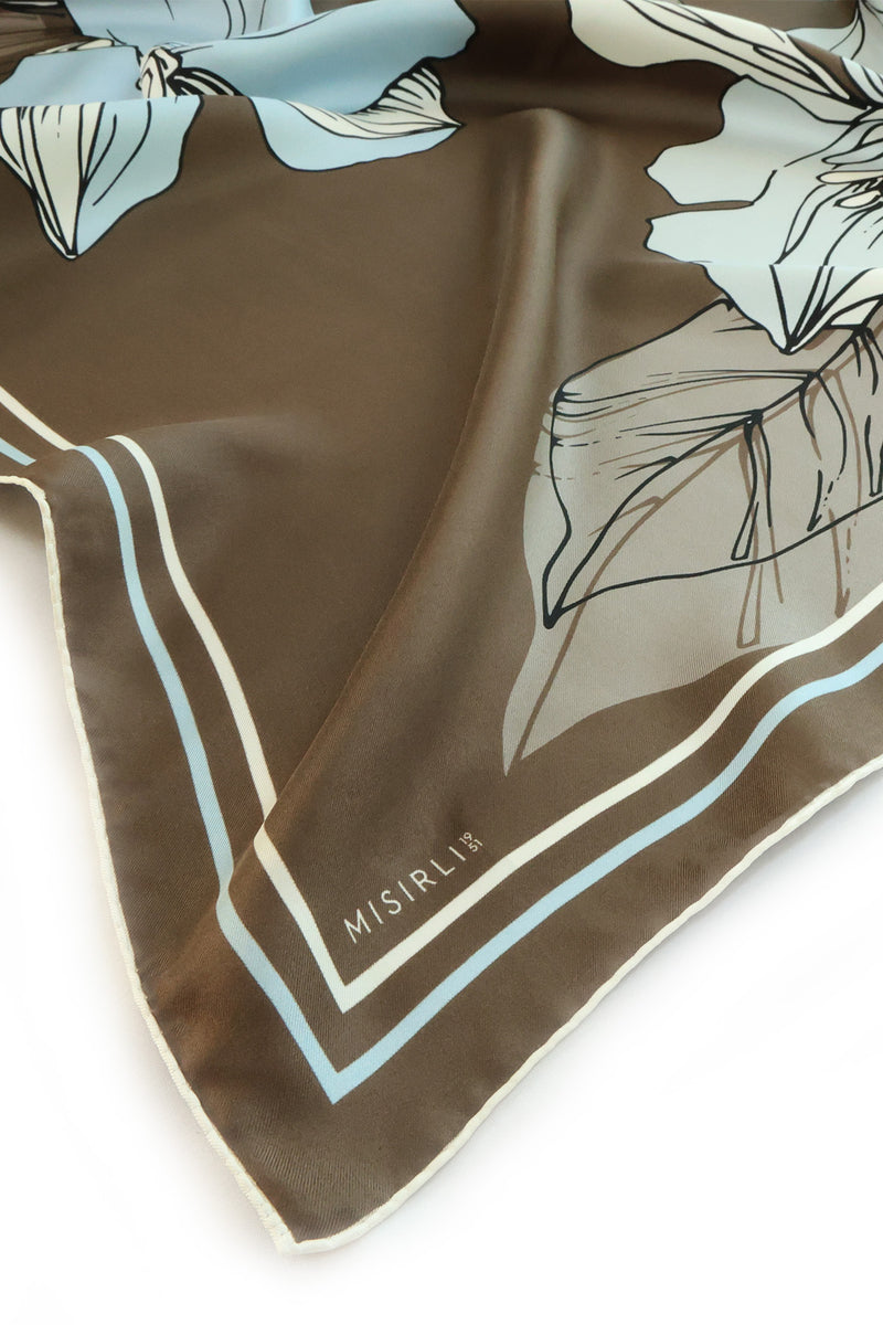 Brown Large Floral Print Silk Scarf