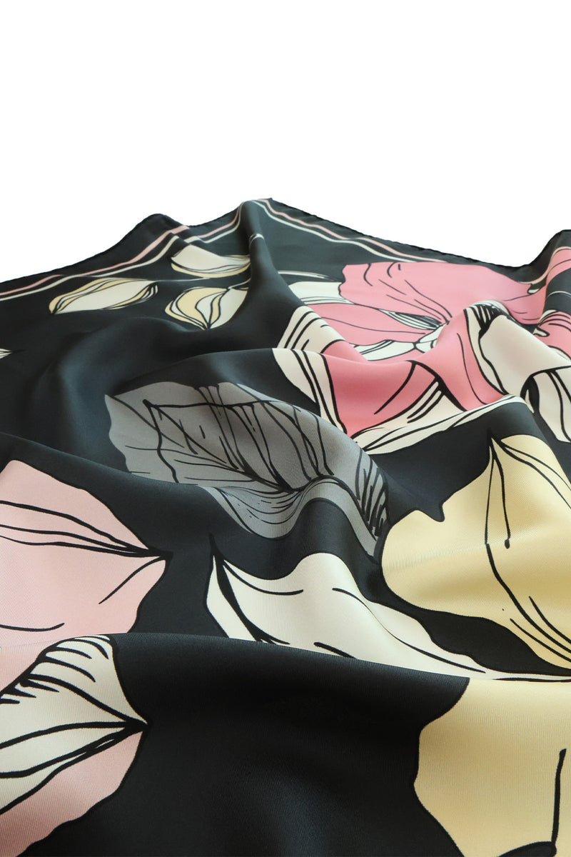 Black Large Floral Print Silk Scarf