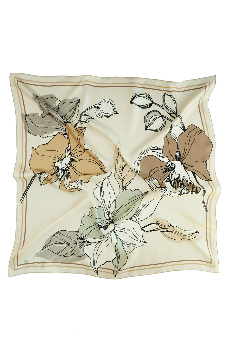 Ecru Large Floral Print Silk Scarf