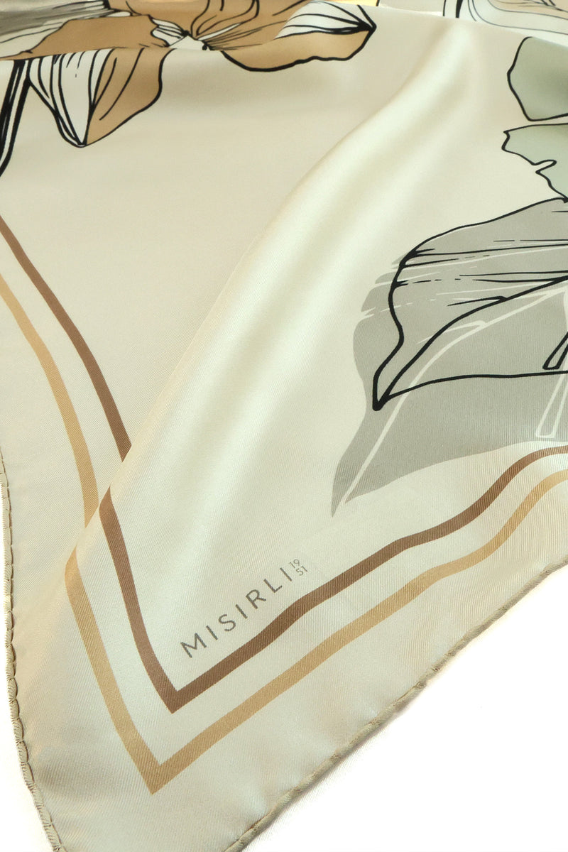 Ecru Large Floral Print Silk Scarf