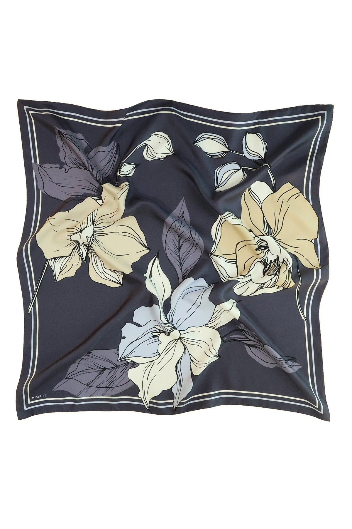 Anthracite Large Floral Print Silk Scarf