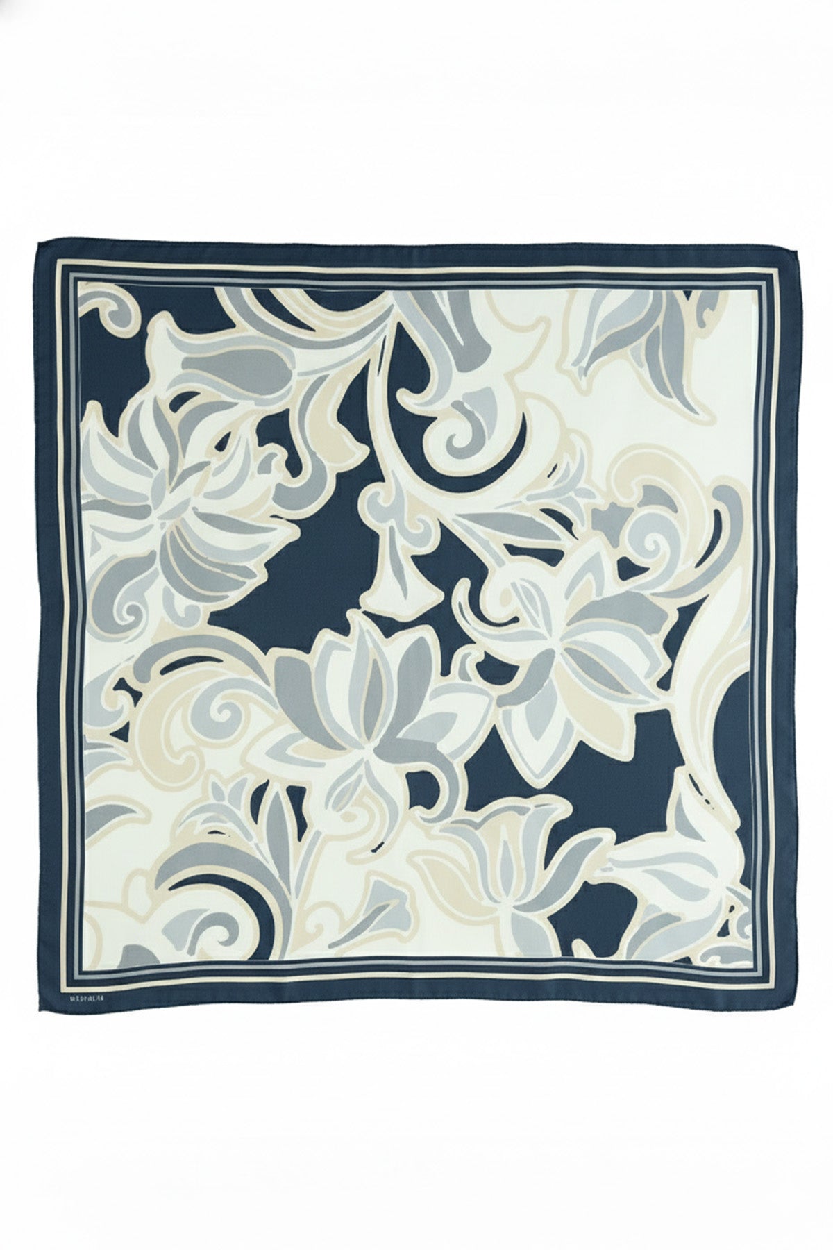 Navy Blue Beige Patterned Silk Scarf