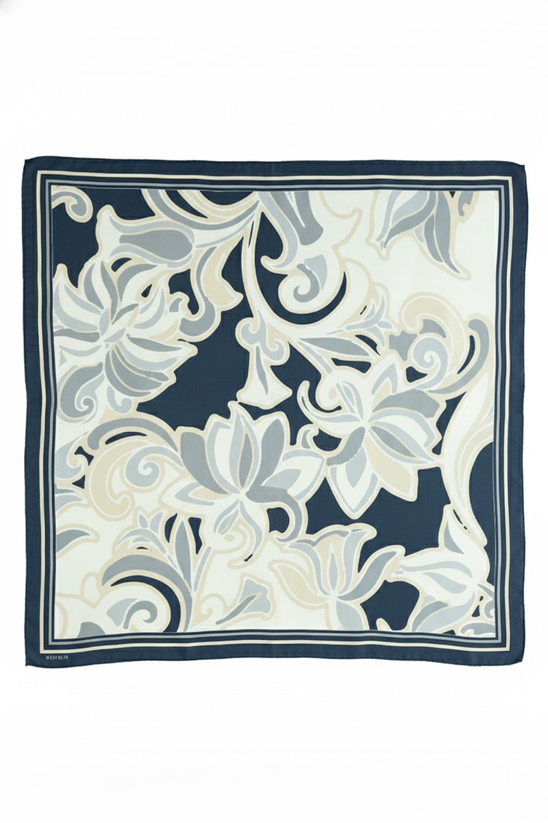 Navy Blue Beige Patterned Silk Scarf