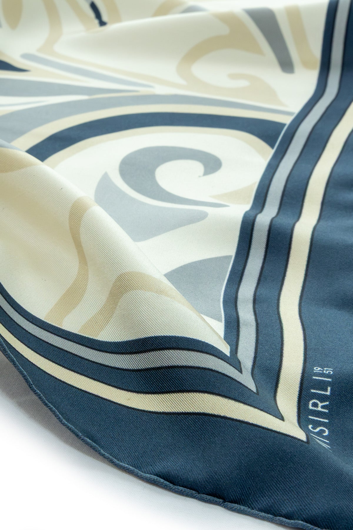 Navy Blue Beige Patterned Silk Scarf
